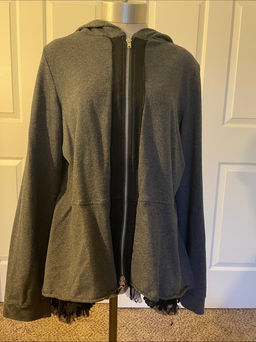 JOHNY WAS 4 LOVE AND LIBERTY Gray Hooded Zip Bomber Jacket with Peplum Hem
